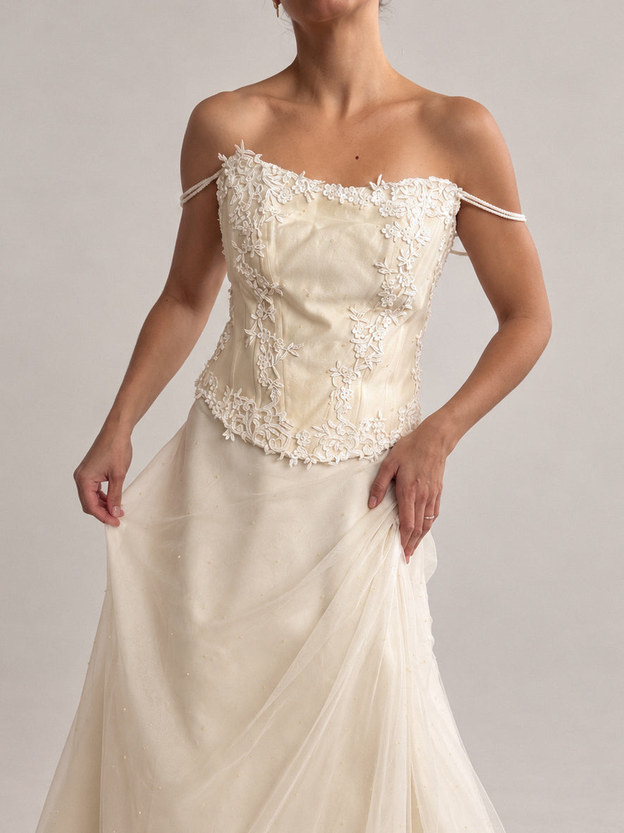 1990s Italian Embellished Silk & Tulle Bridal Two Piece M