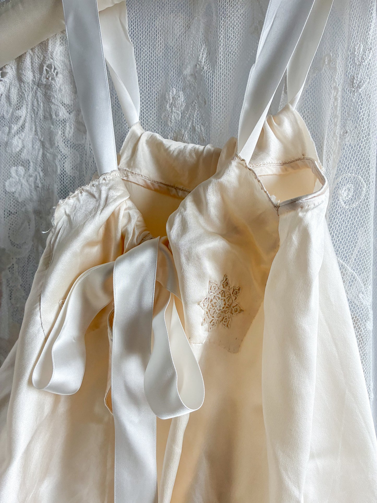 Antique Pure Silk Embroidered Camisole With Satin Straps In Vanilla