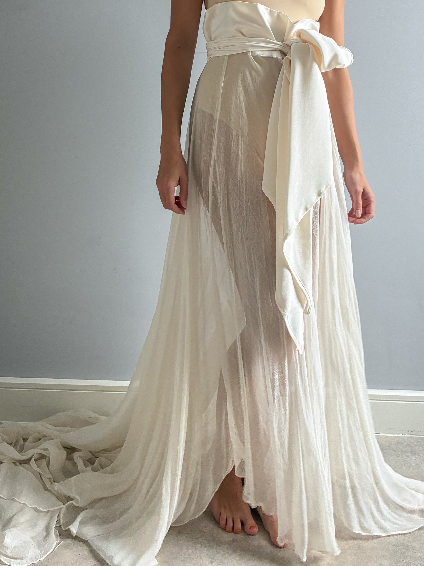 Reworked 1930s Silk Chiffon Bridal Skirt with Cathedral Train