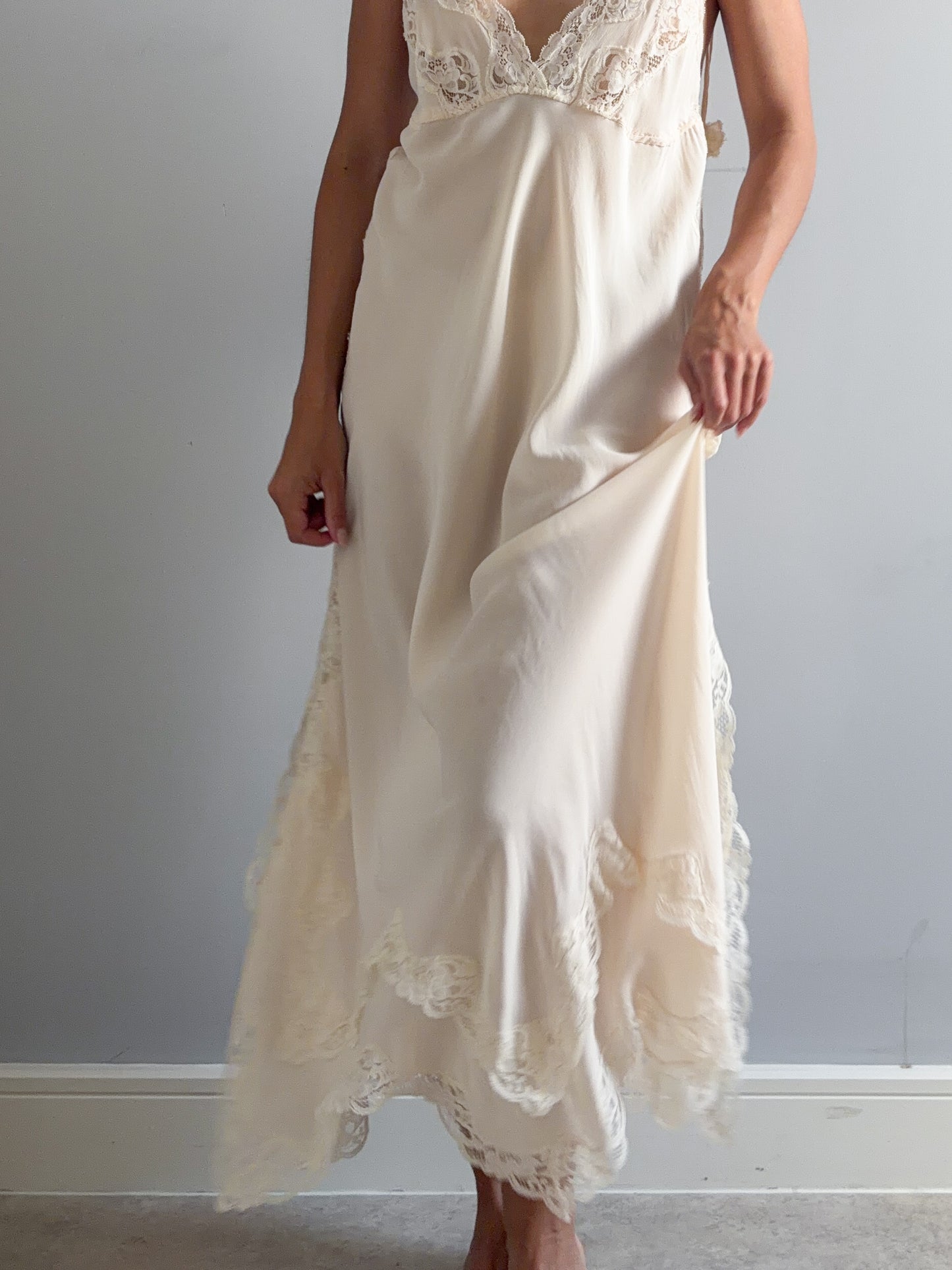 1970s Designer Pure Silk Nightgown With Lace Inserts