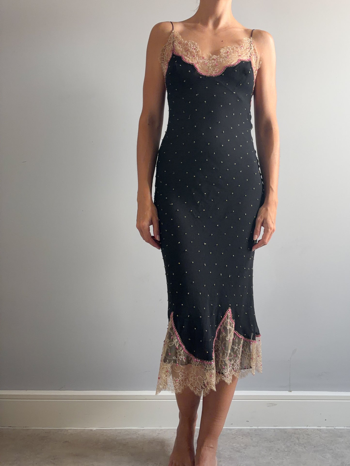 1990s Rare Designer Silk Chiffon Slip and Jacket Set With Chantilly Lace