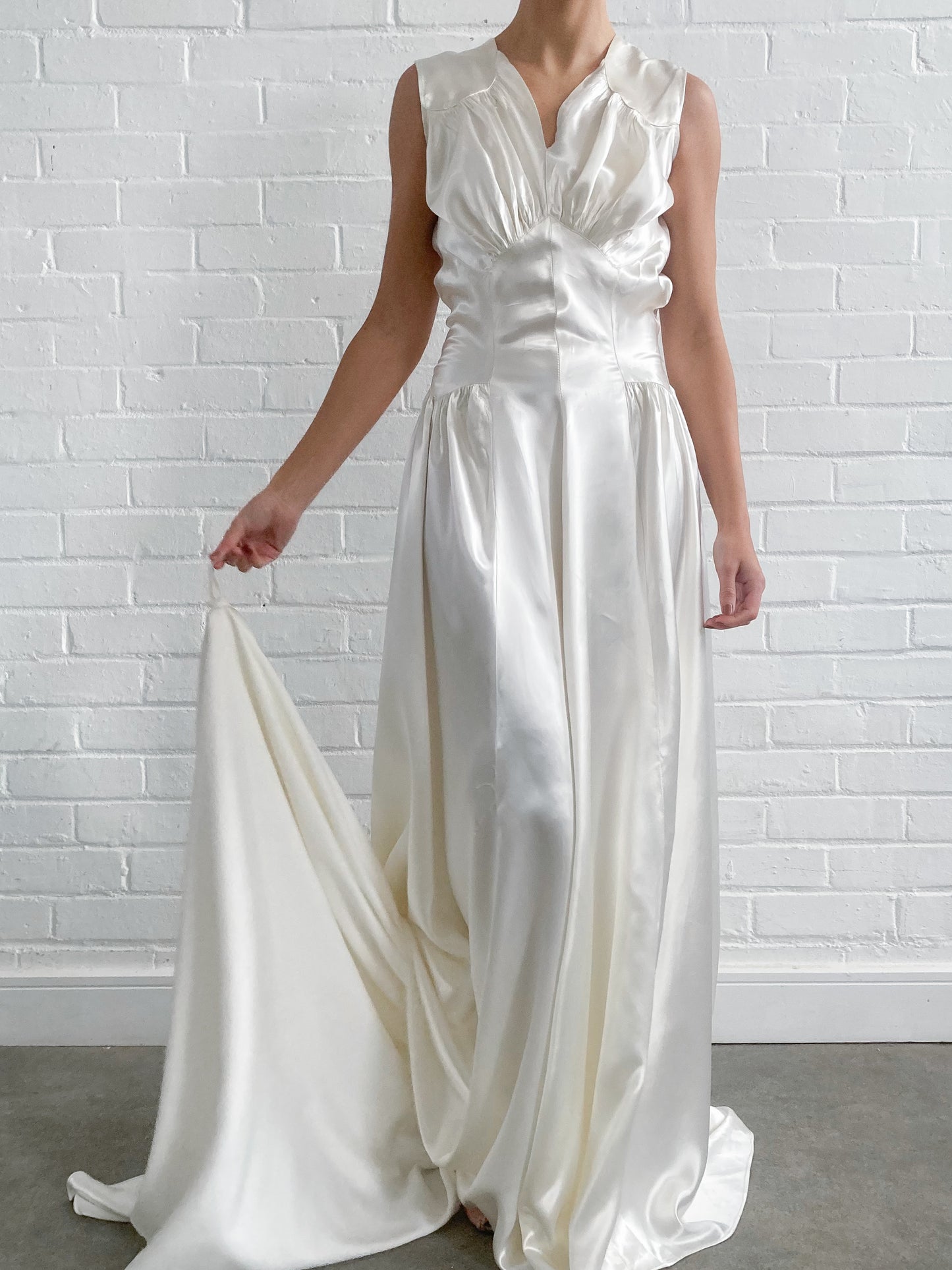 1940s Gathered Satin Wedding Gown with Chapel Train