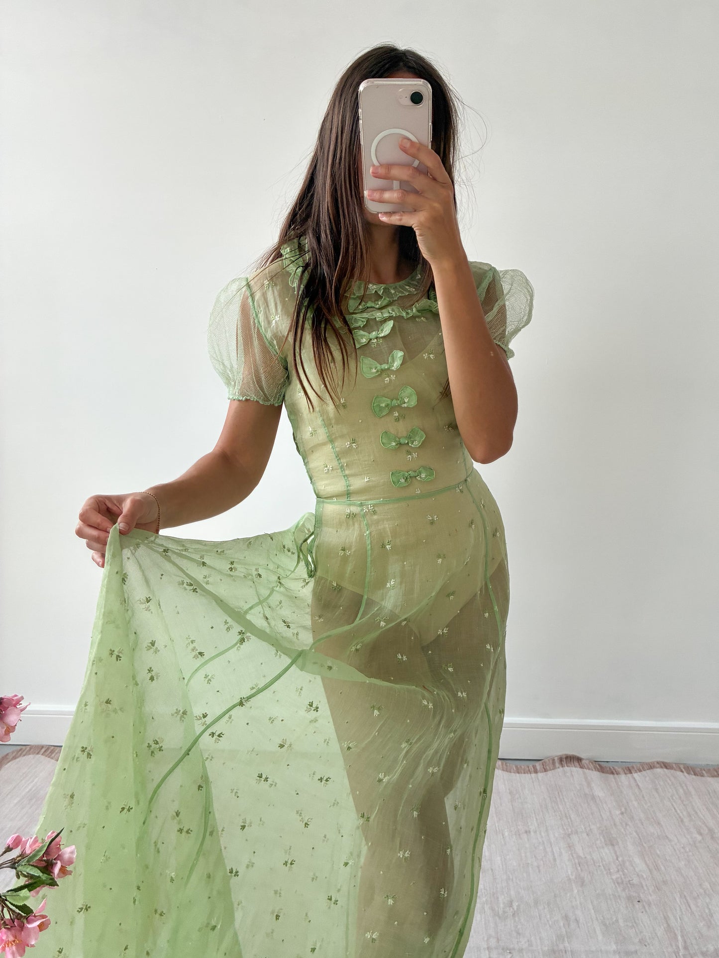 1930s Green Organza Dress With Bow Detail And Floral Embroidery M