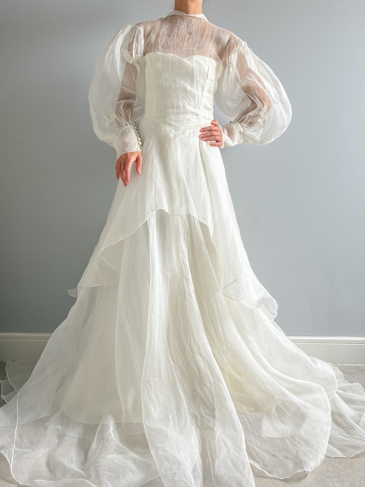 1940s Tiered Organza Wedding Gown With Puff Sleeves And Butterfly Detail