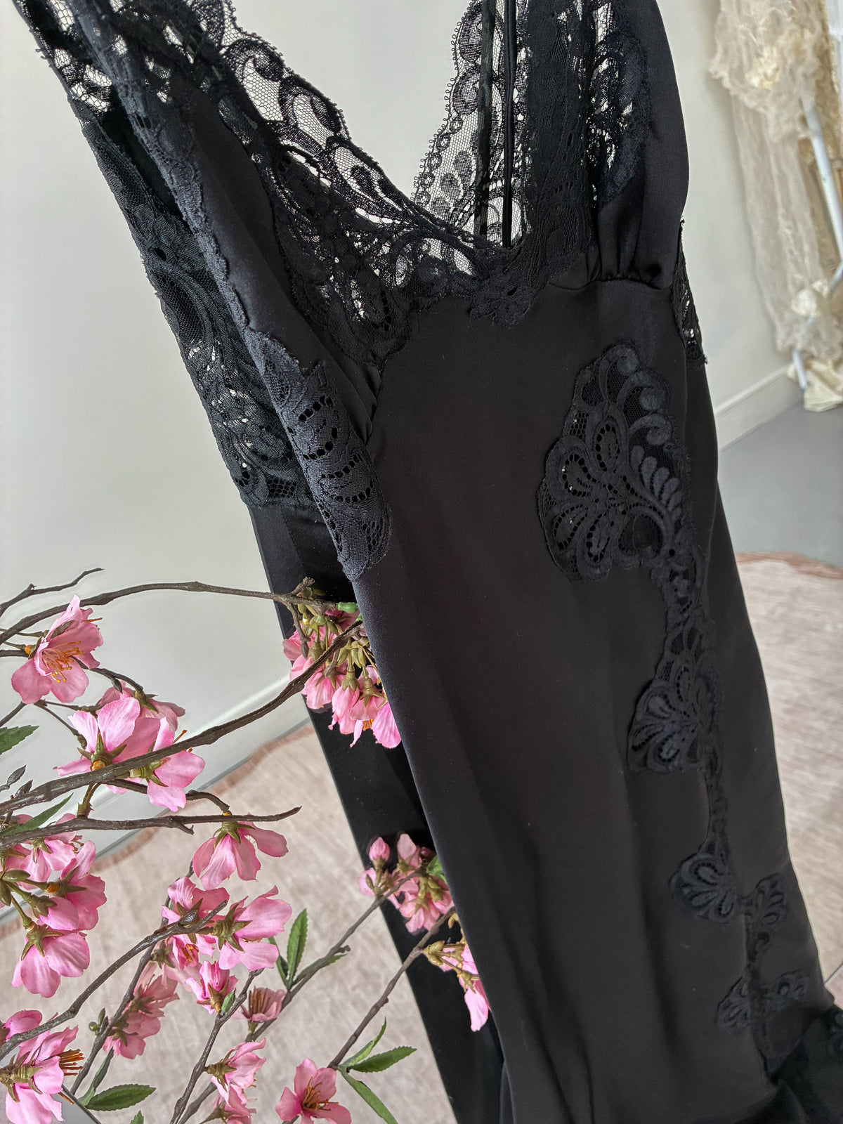 1970s Black Satin Slip With Lace And Side Opening S