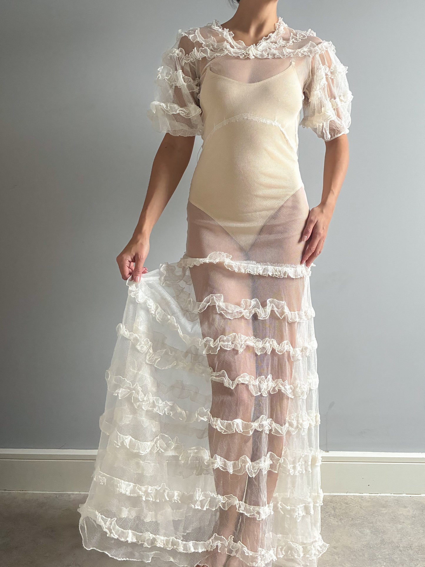 1930s Tiered Ruffled Net Dress With Puff Sleeves