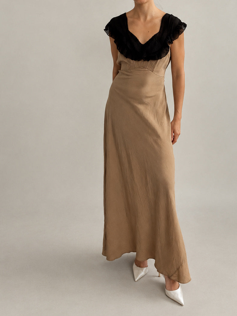 1930s Silk Nightgown With Chiffon Trim In Coffee M L