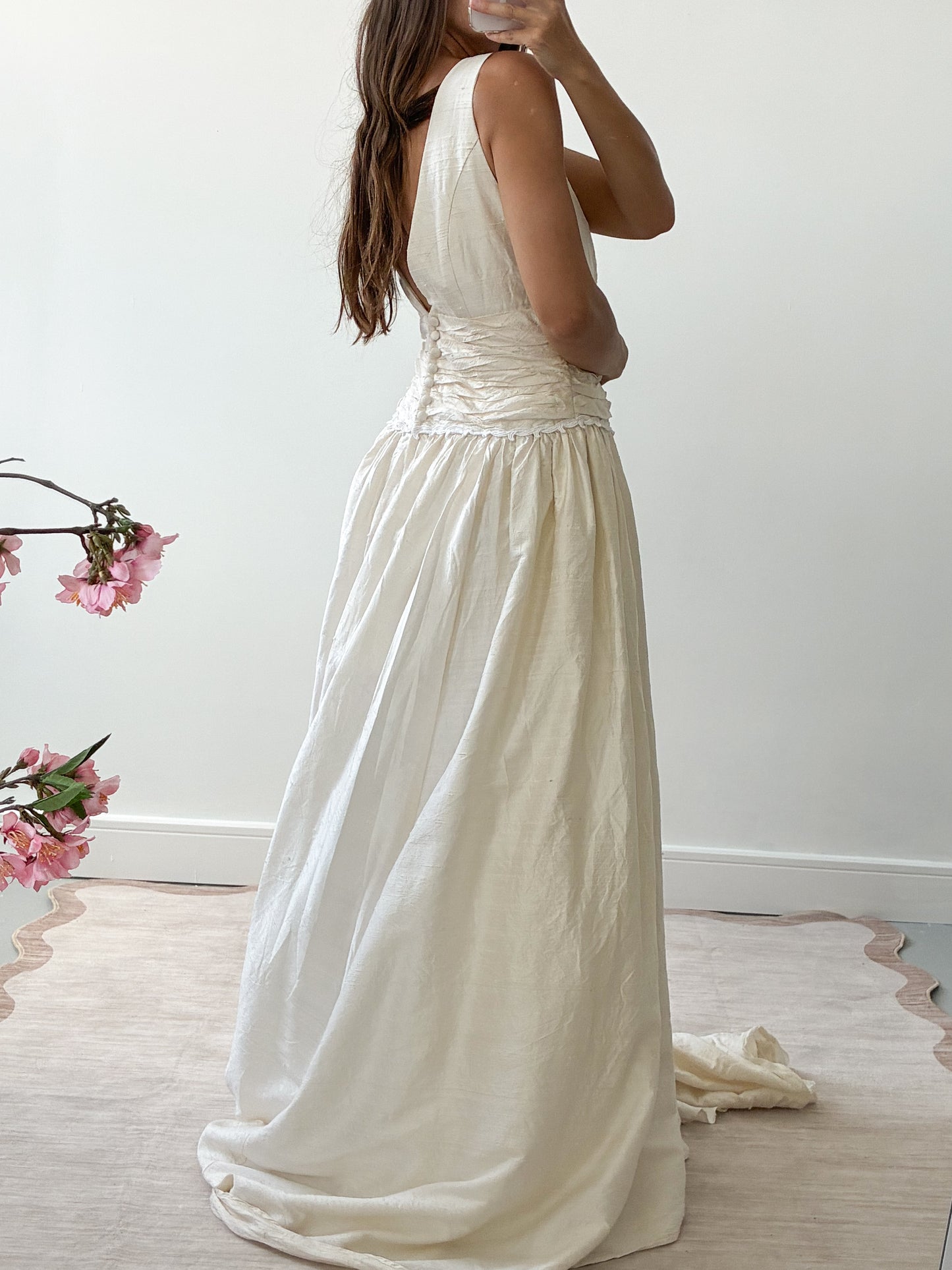 1980s Raw Silk Princess Dress With Wrap Bodice And Full Train