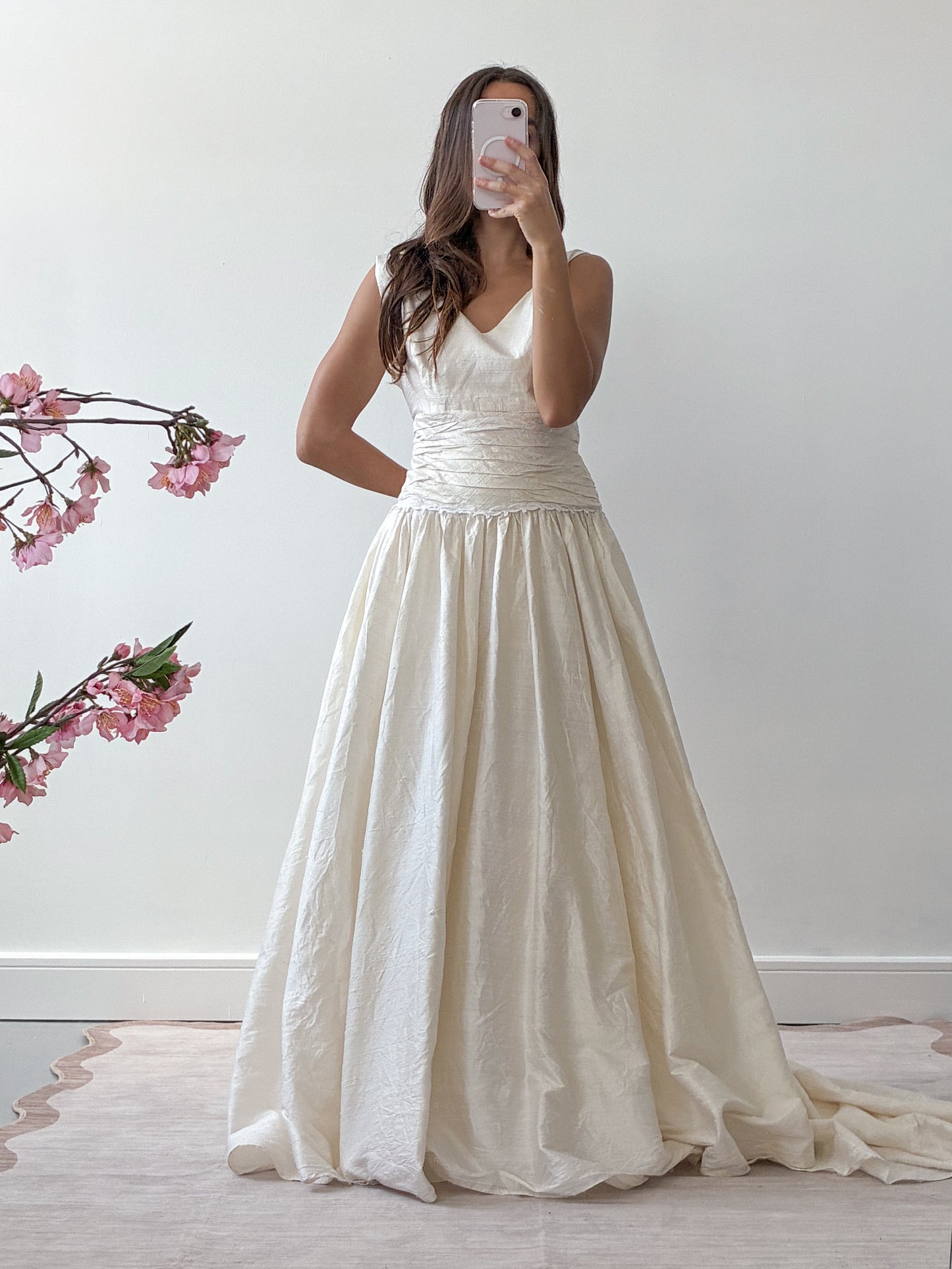 1980s Raw Silk Princess Dress With Wrap Bodice And Full Train