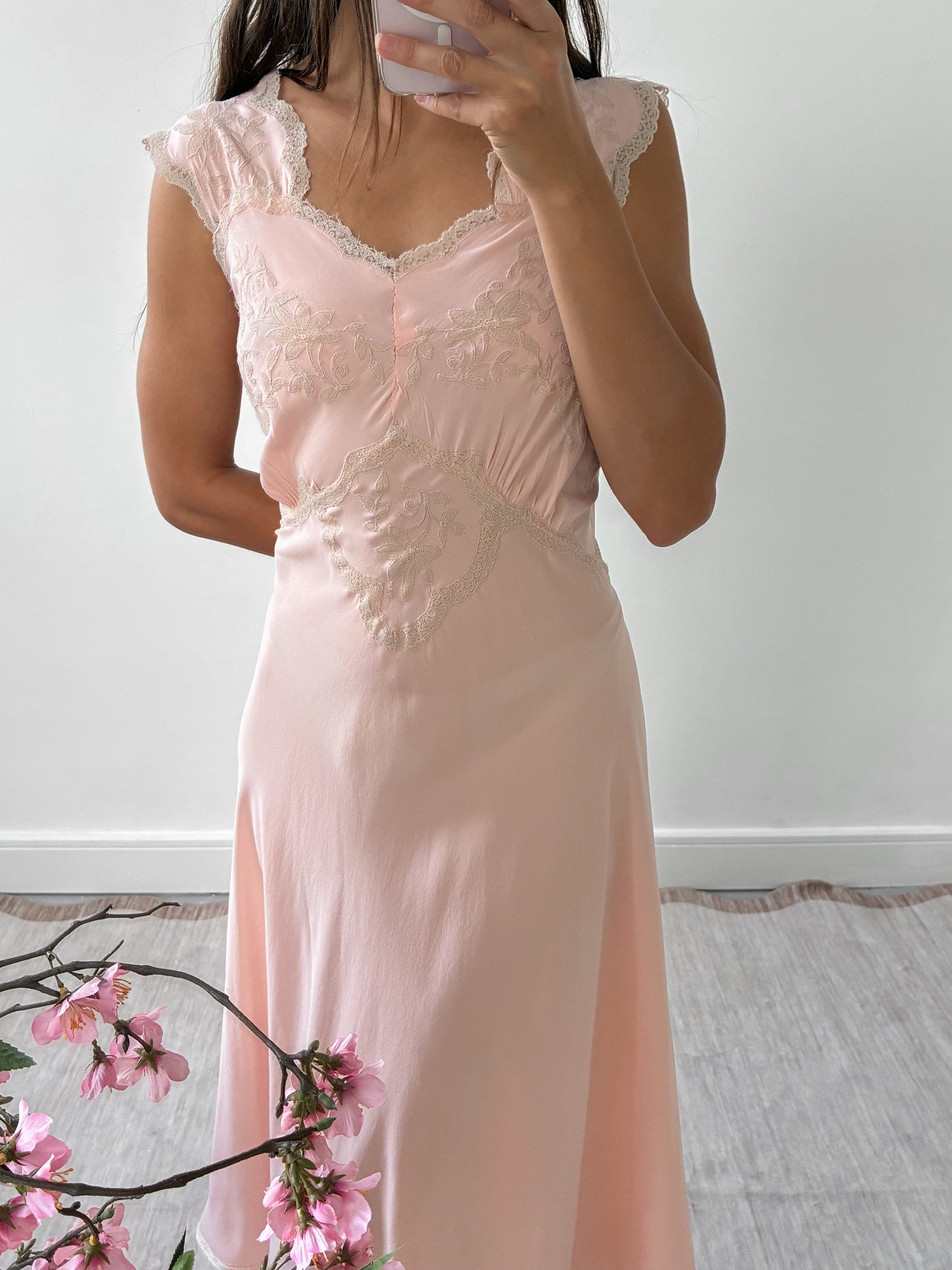 1930s Silk Midi Slip With Floral Lace M L