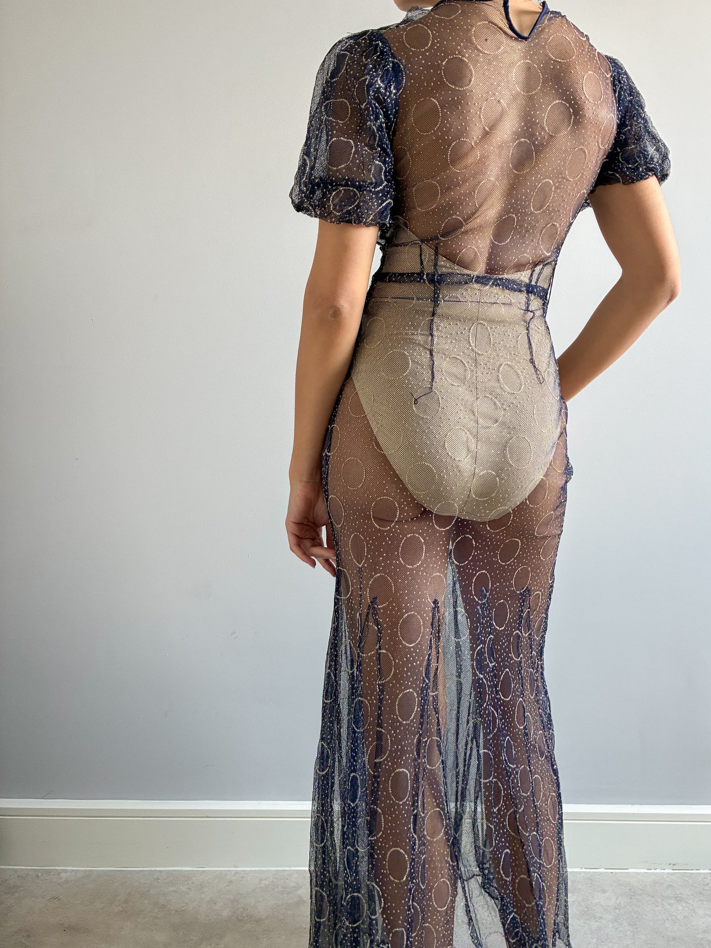 1930s Puff Sleeve Net Dress In Midnight Blue