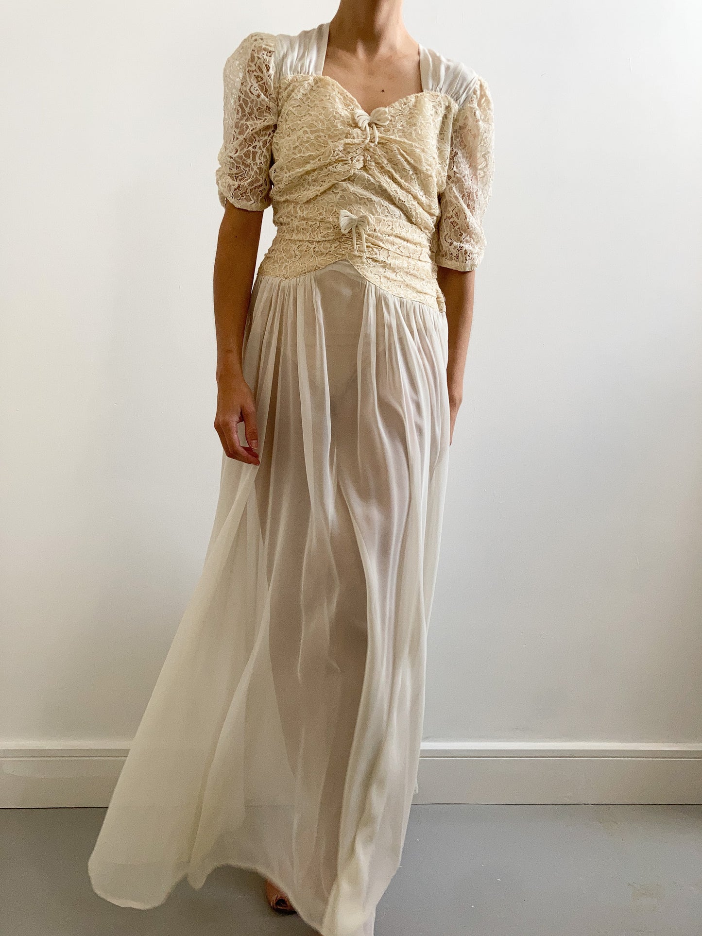 1940s Champagne Lace and Chiffon Wedding Dress with Bows