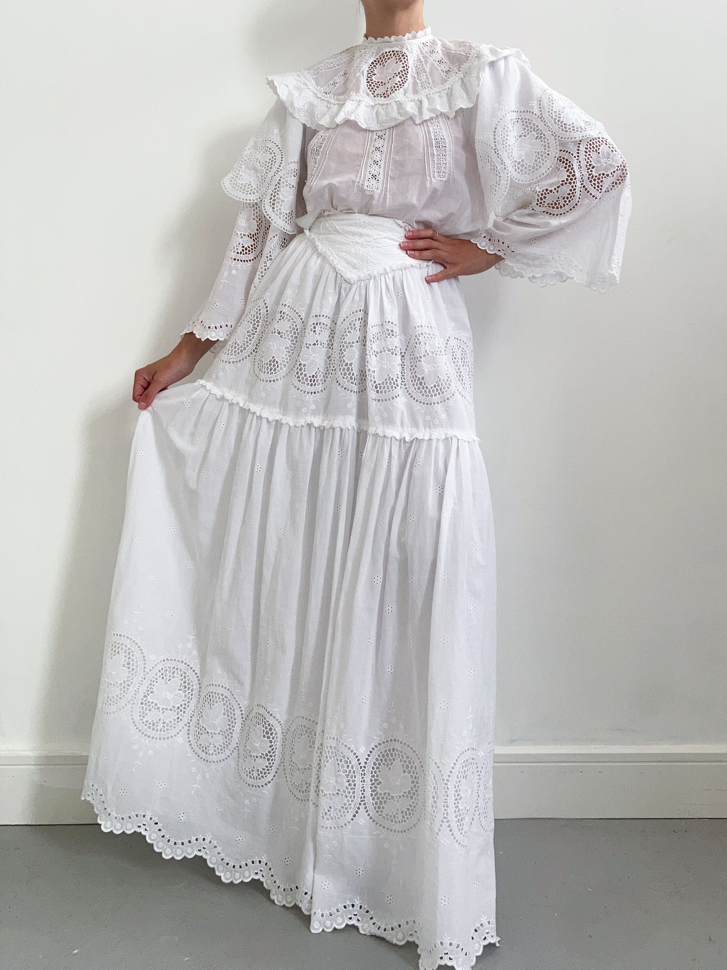 1970s Embroidered Two Piece Set with Tiered Sleeves