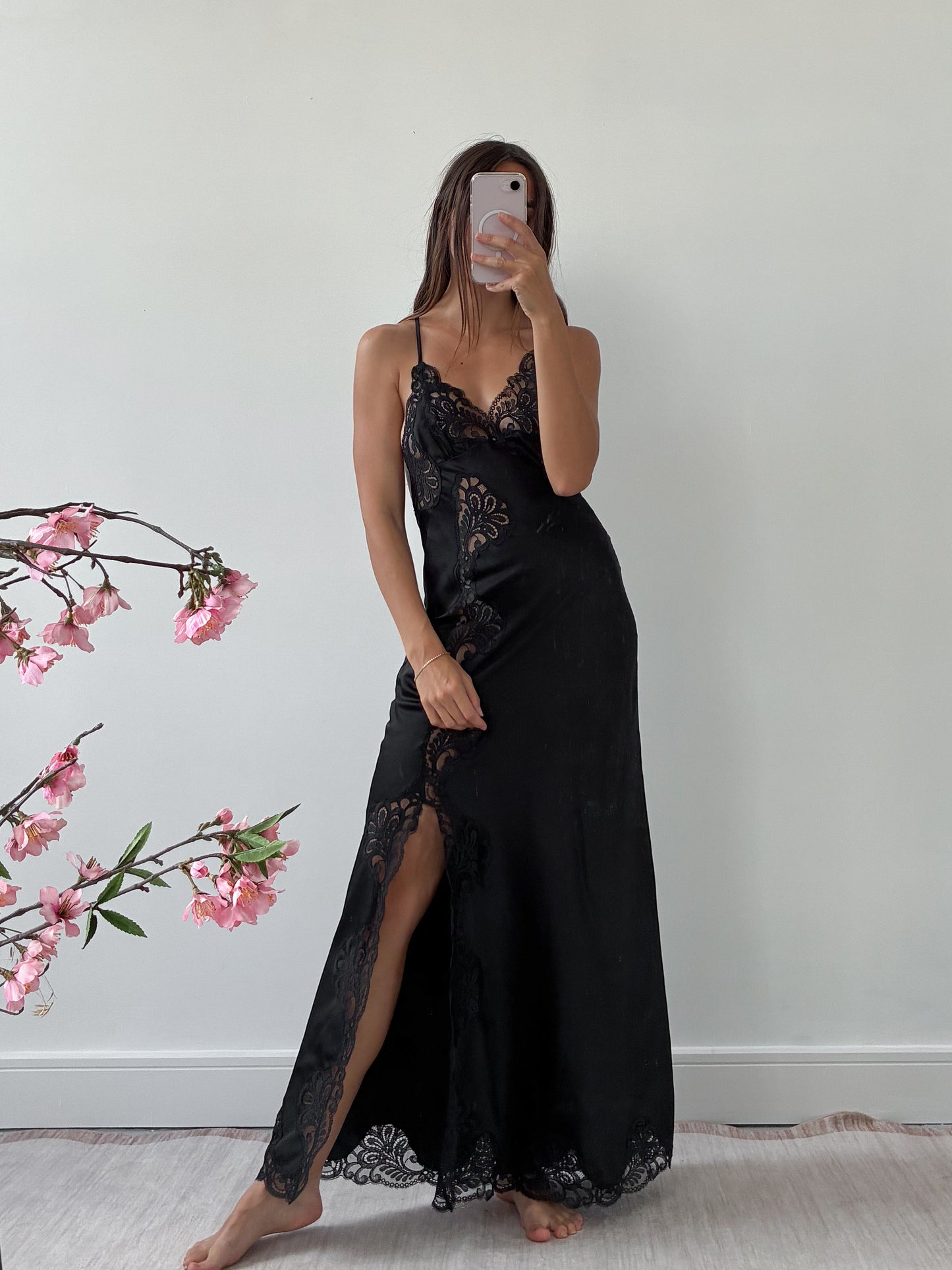 1970s Black Satin Slip With Lace And Side Opening S