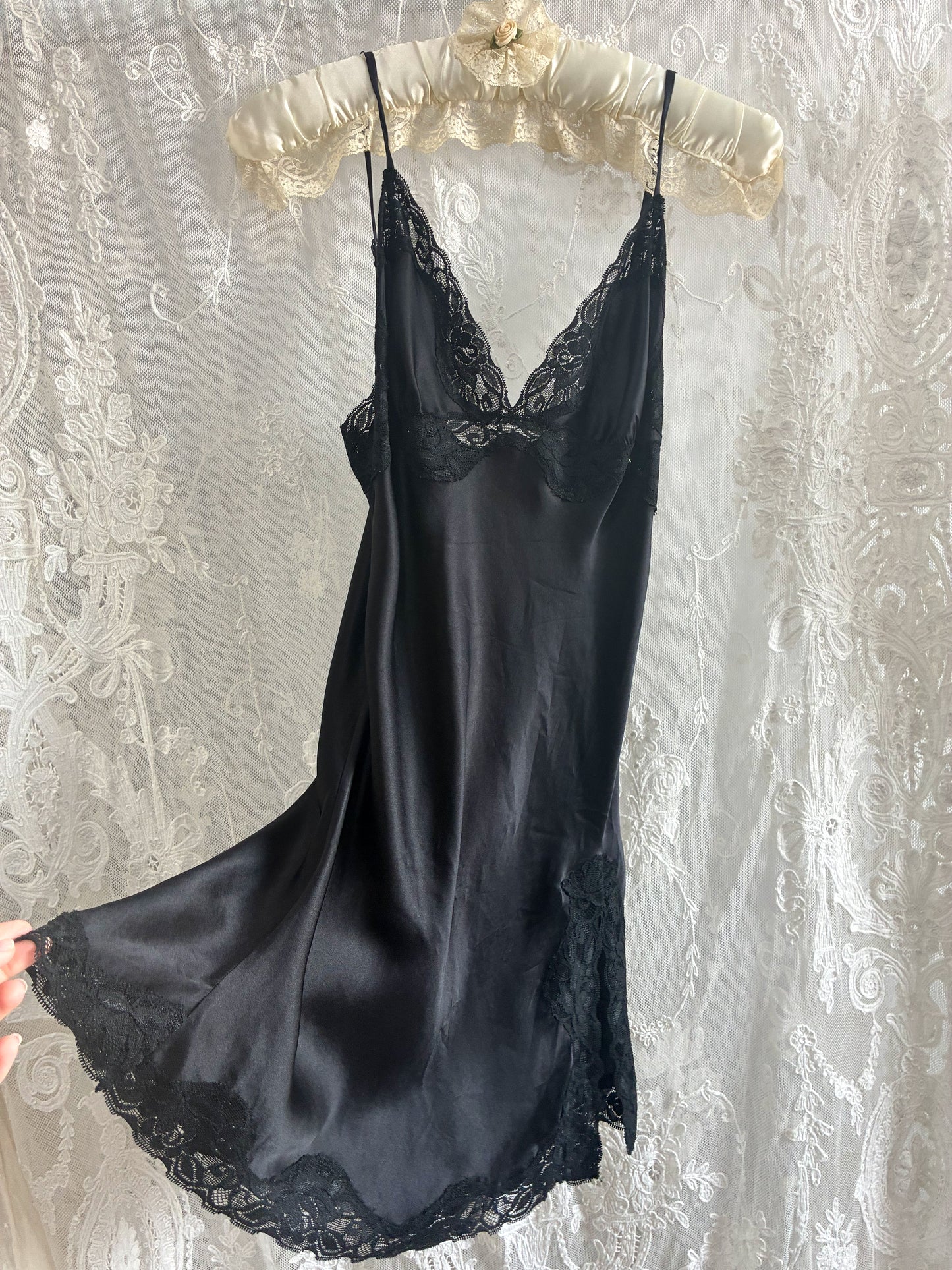 1990s Black Silk Mini Slip With Lace Trim
