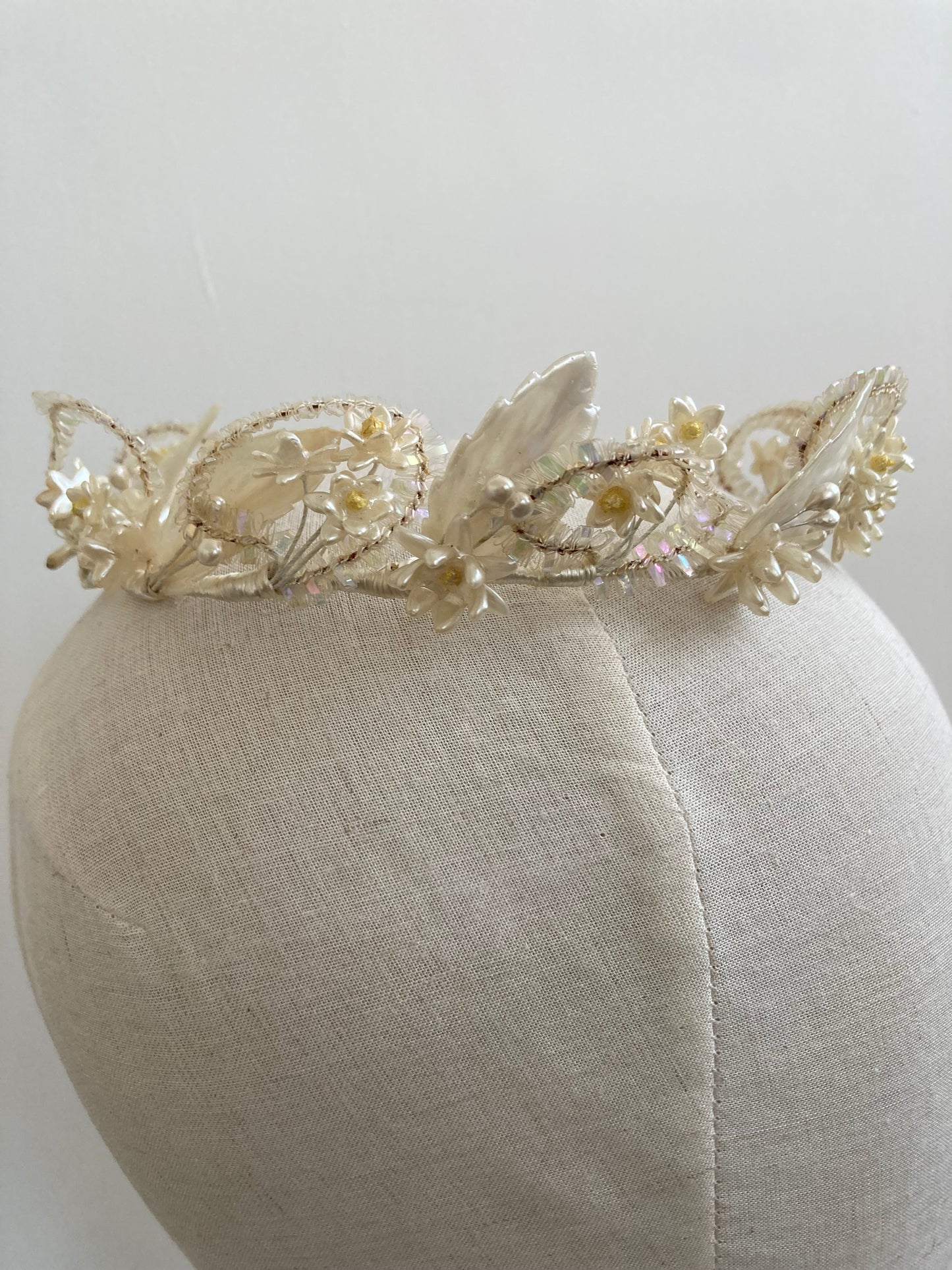 1940s Ornate Tiara with Pearlised Wax Flowers and Sequin Detail