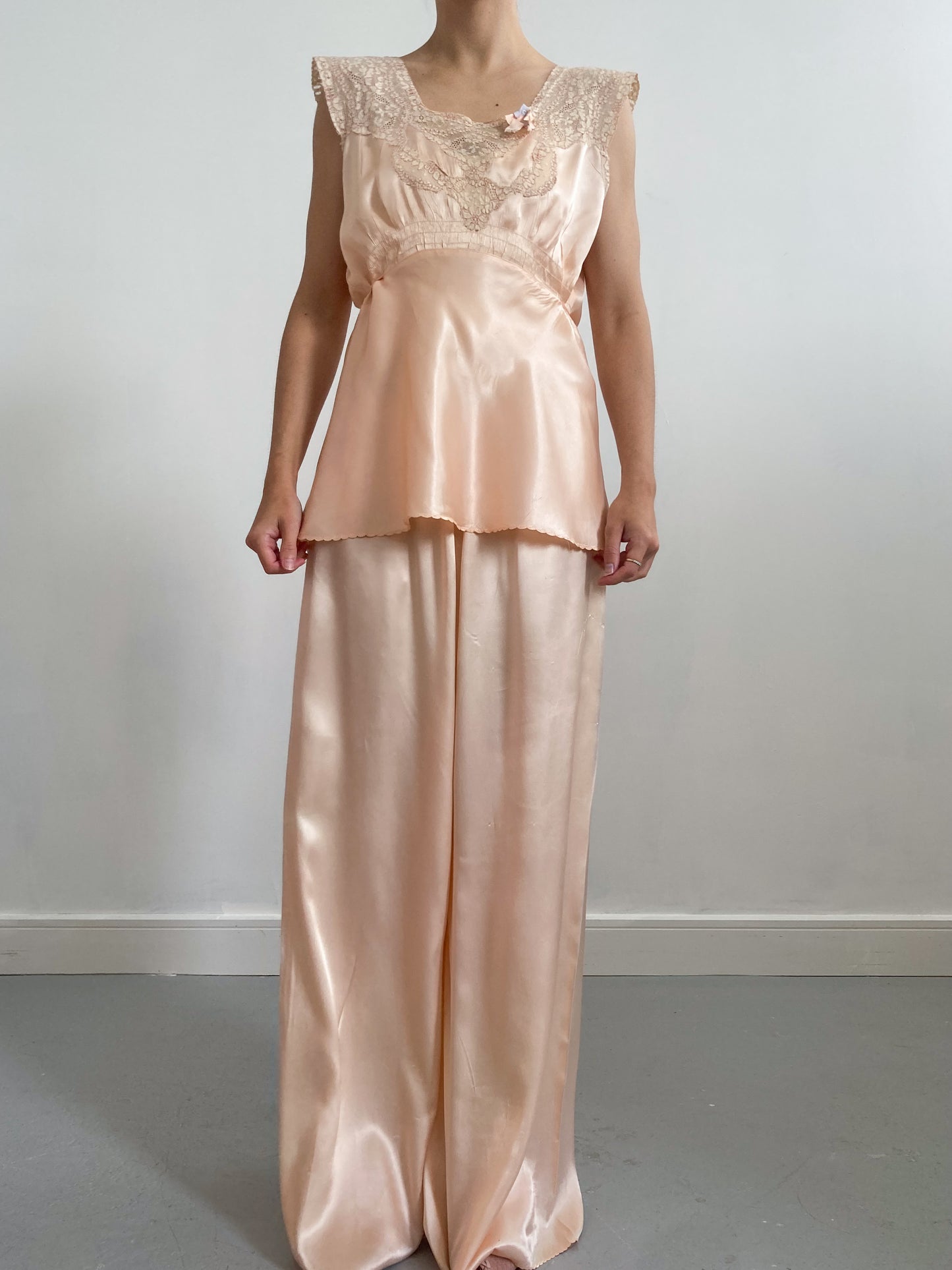 1930s Peach Satin Pyjama Set with Alencon Lace