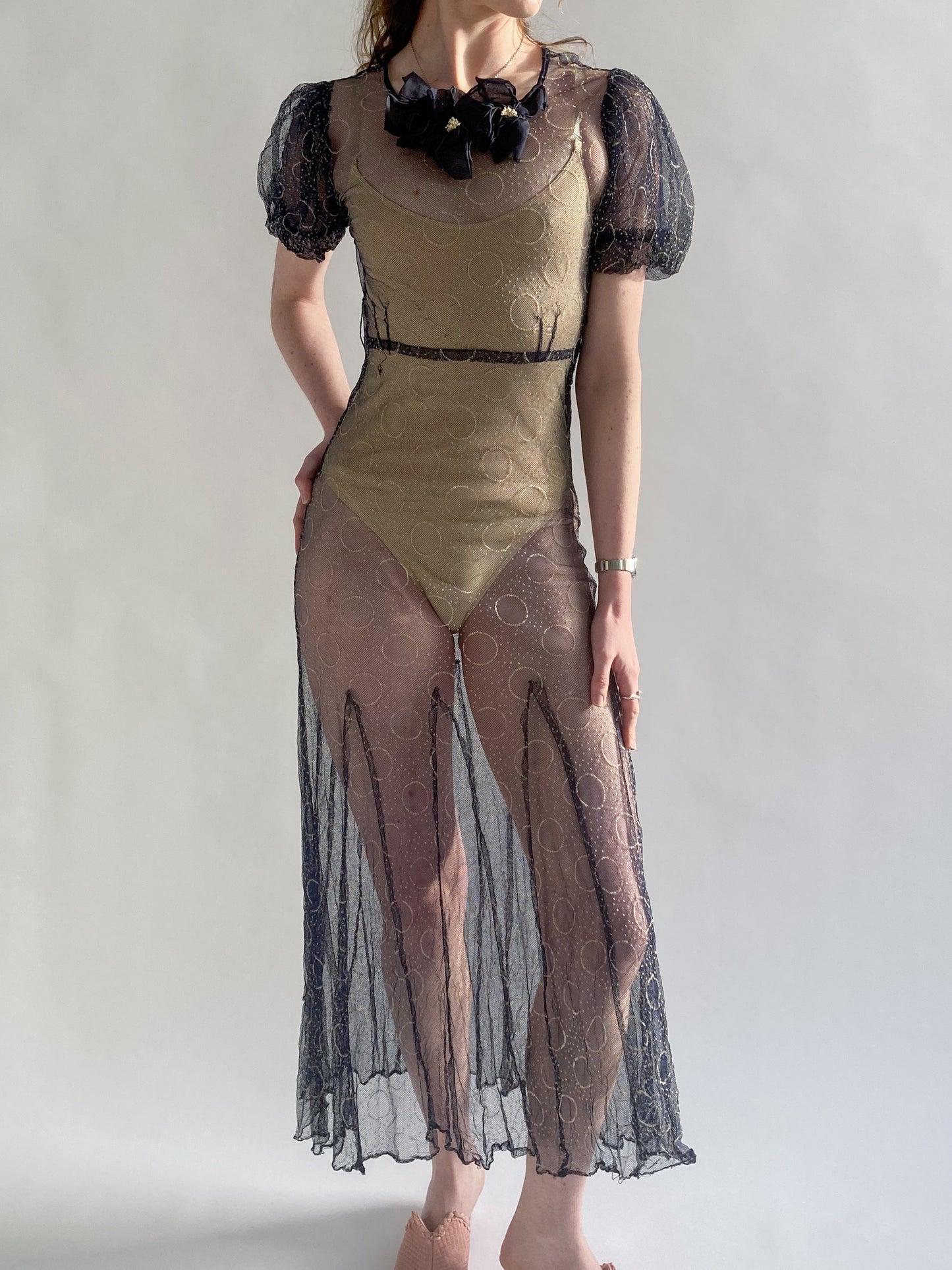 1930s Puff Sleeve Net Dress In Midnight Blue