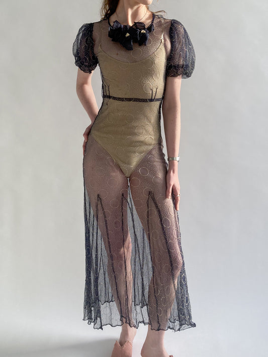 1930s Puff Sleeve Net Dress In Midnight Blue