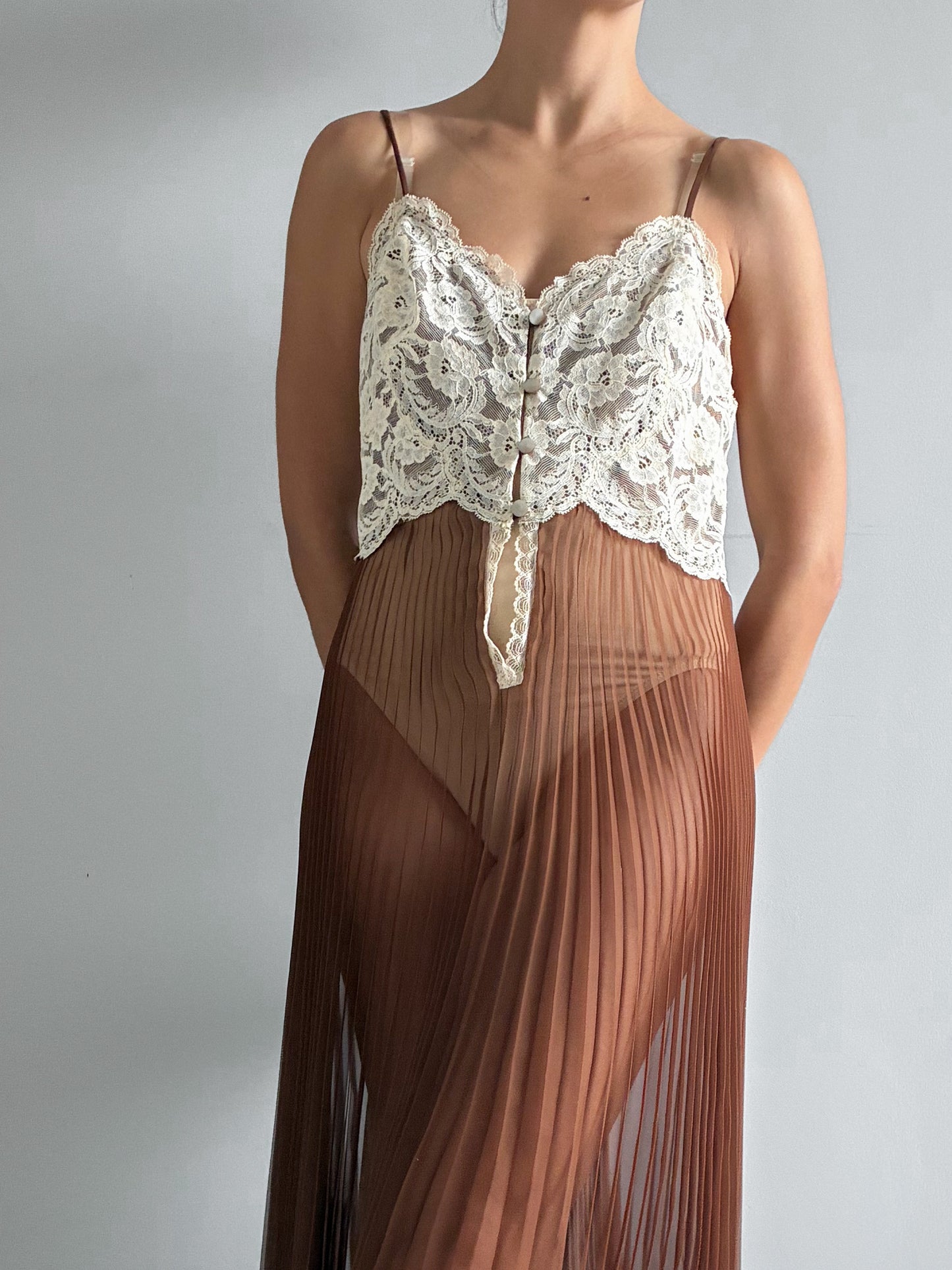 1970s Chocolate Pleated Nightdress with Cream Lace