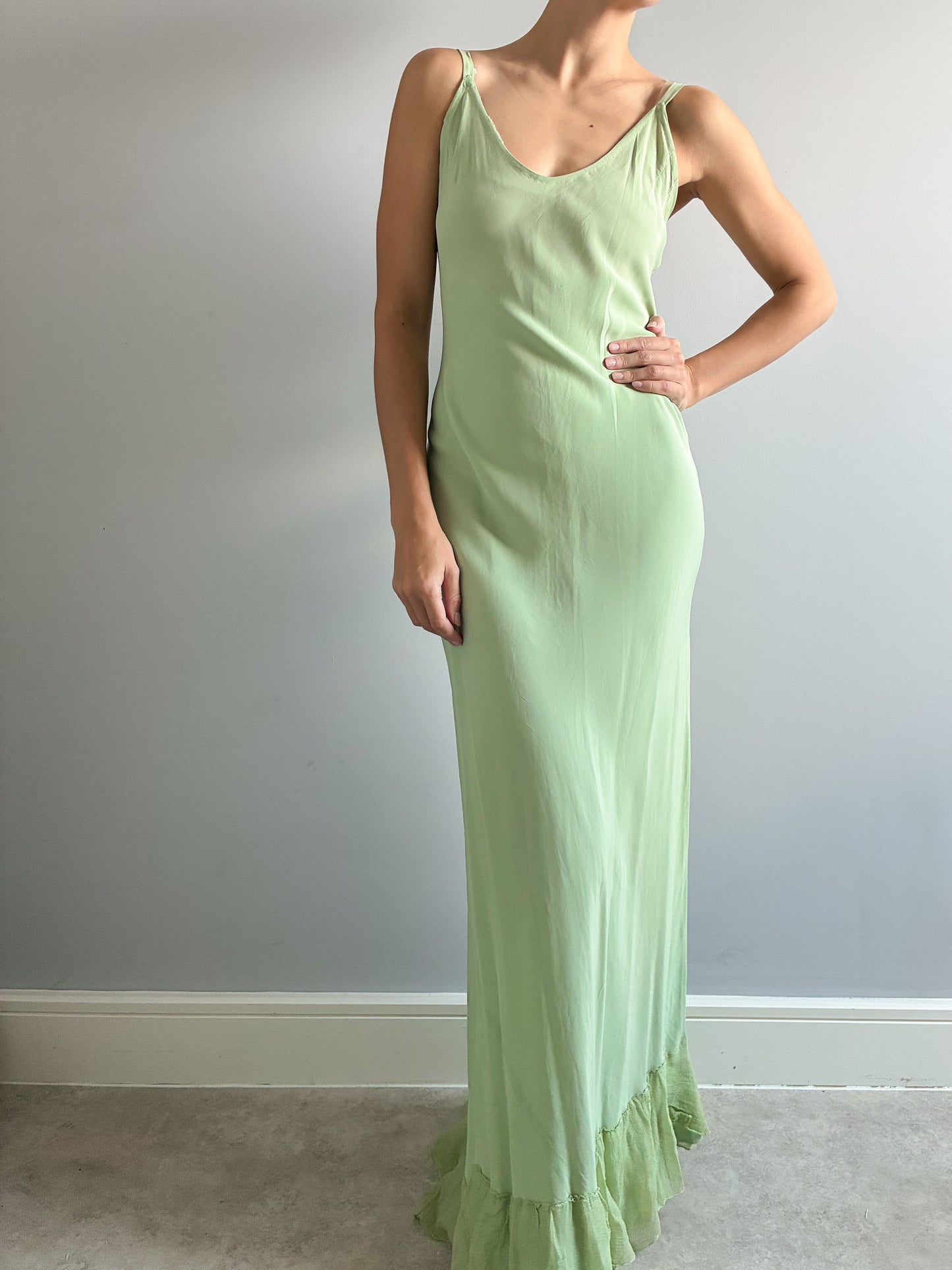 1930s Green Satin Slip With Chiffon Trim