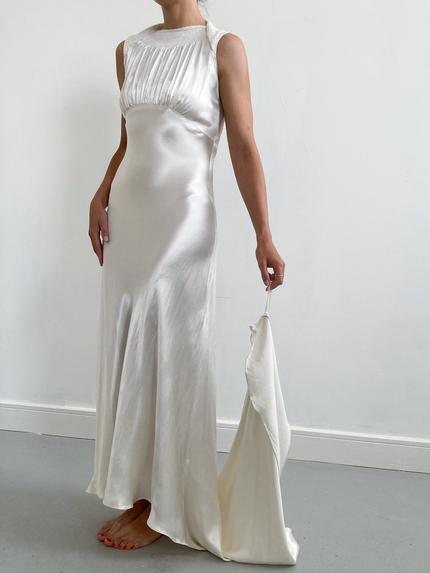 1930s Ivory Satin Sleeveless Wedding Dress with Gathered Neck & Train