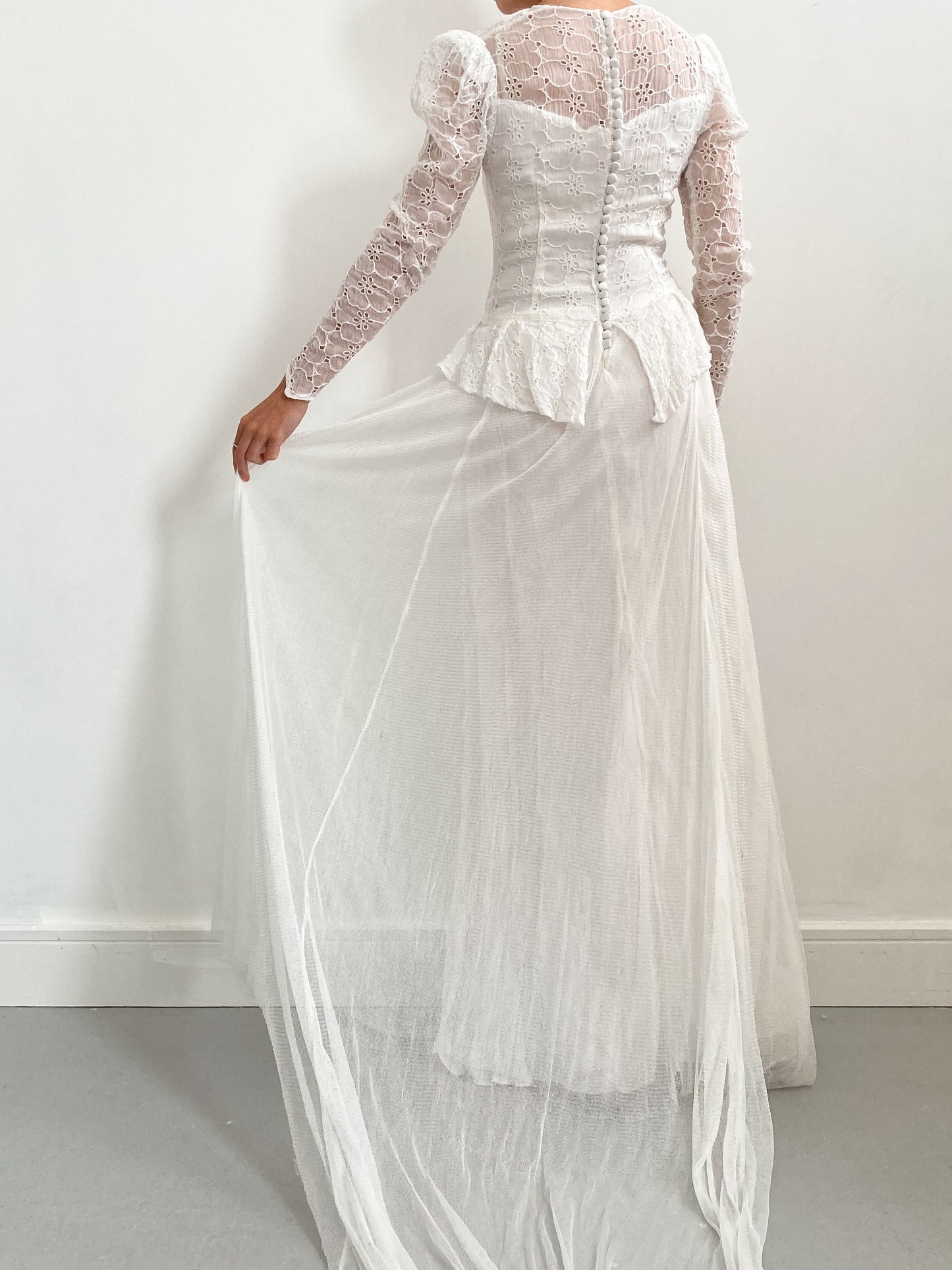 1940s Organdy Broderie and Net Wedding Dress with Train