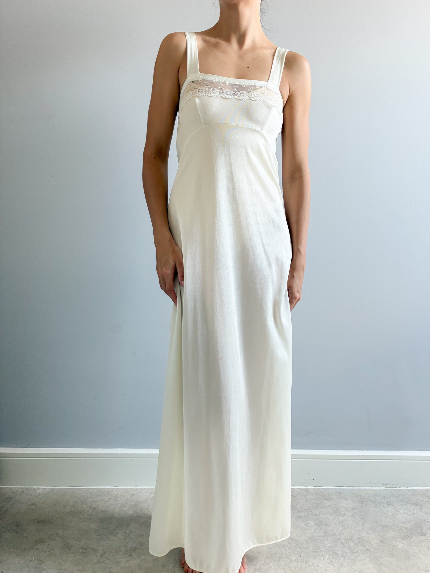 1970s Cream Maxi Slip With Square Neck And Lace Trim