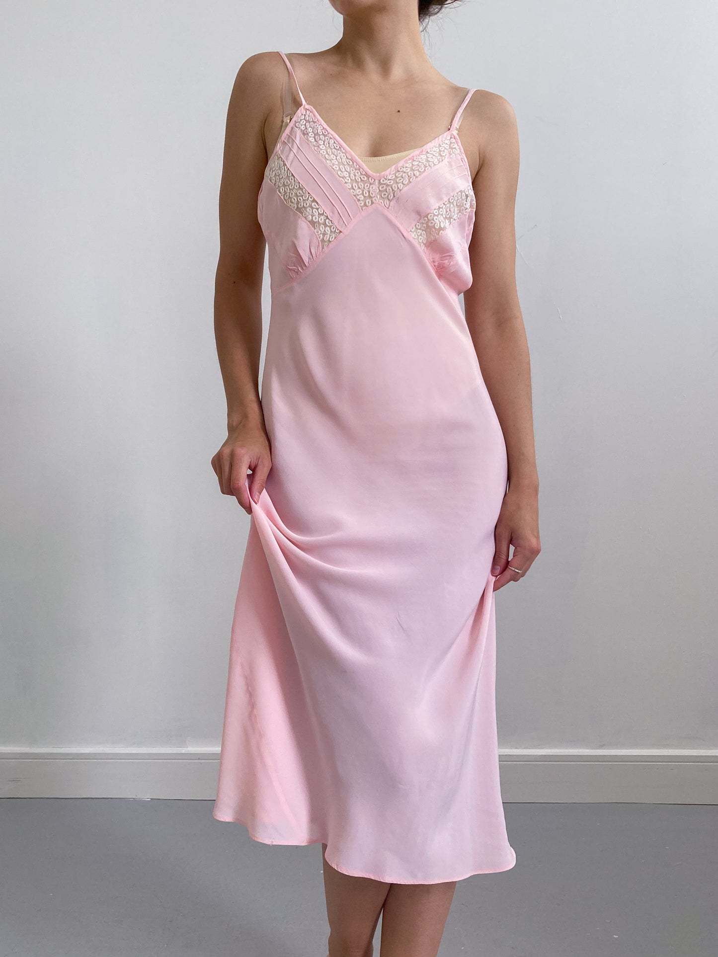 1930s Pink Slip with Floral Lace Trim