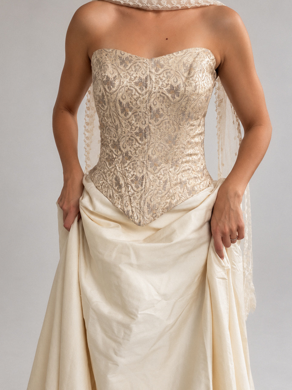 1990s Silk Boned Lace-Up Corset In Champagne Gold XS S M