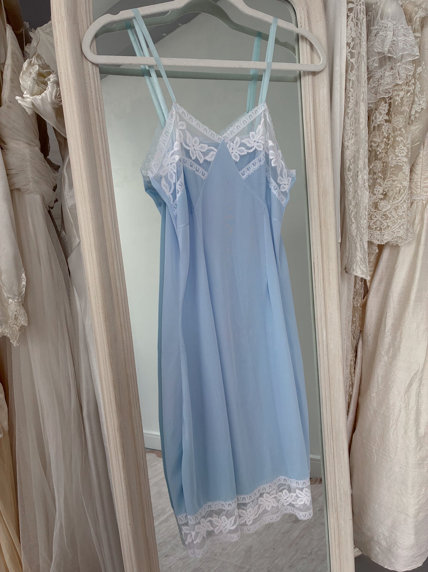 1940s Powder Blue Midi Slip With White Lace M