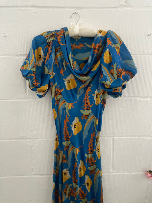 1930s Art Deco Patterned Puff Sleeve Dress