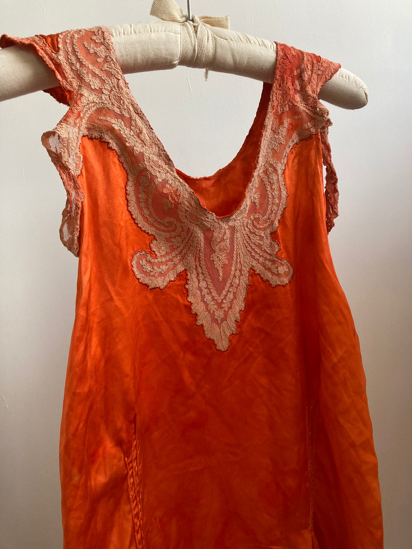 1930s Hand Dyed Silk Satin Slip with Lace and Cap Sleeves