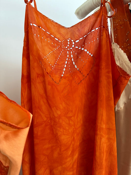 1930s Silk Mini Slip With Bow Embroidery In Burnt Orange M