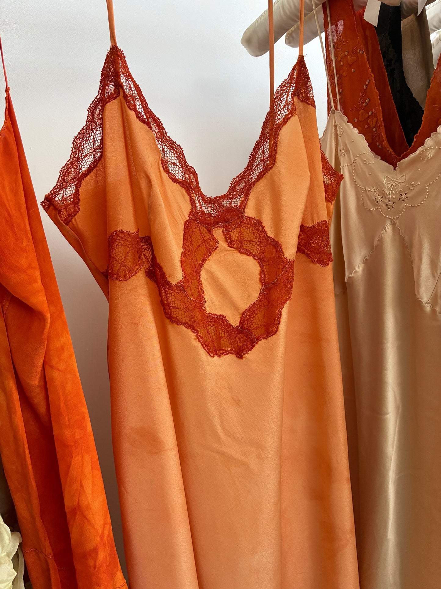 1970s Silk Satin Slip With Contrasting Lace In Sunset Orange L