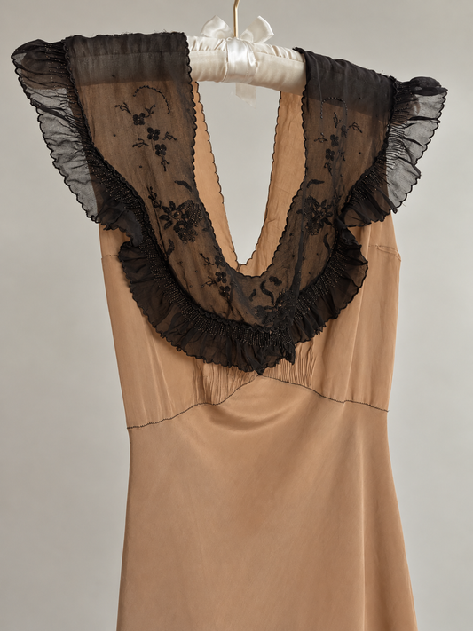 1930s Silk Nightgown With Chiffon Trim In Coffee M L
