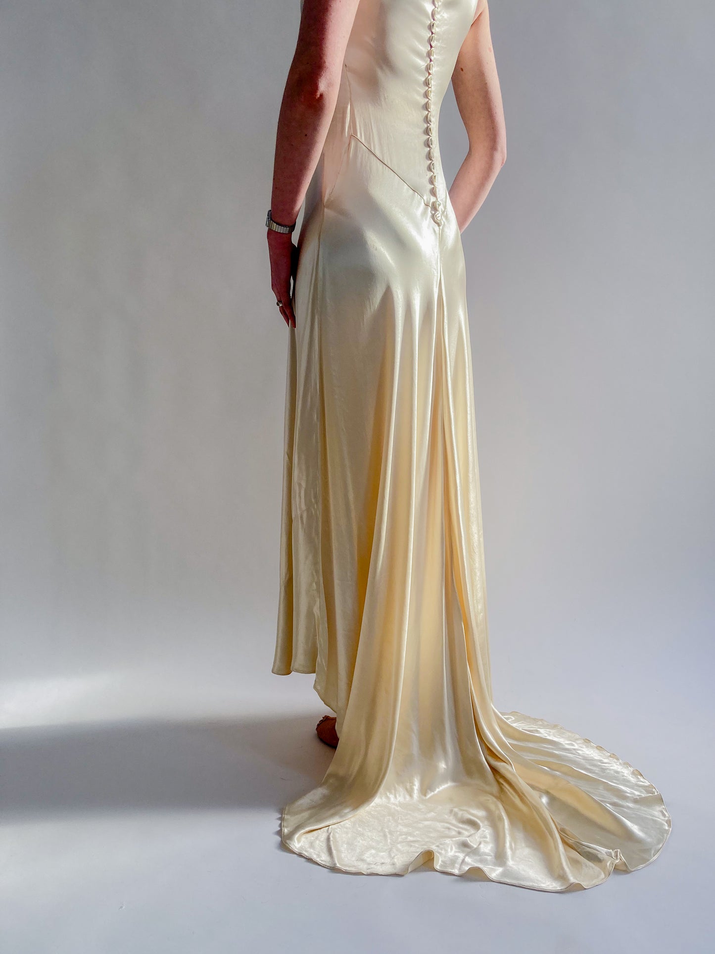 1930s Vanilla Silk Ruched Wedding Gown with Button Back and Sweep Train