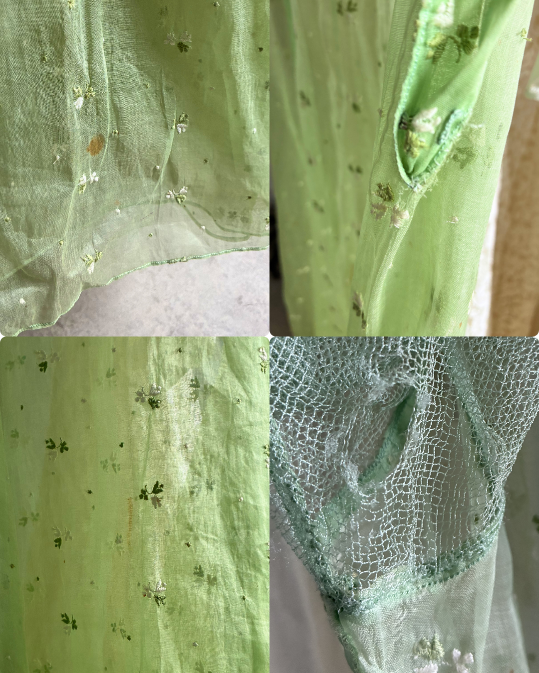 1930s Green Organza Dress With Bow Detail And Floral Embroidery