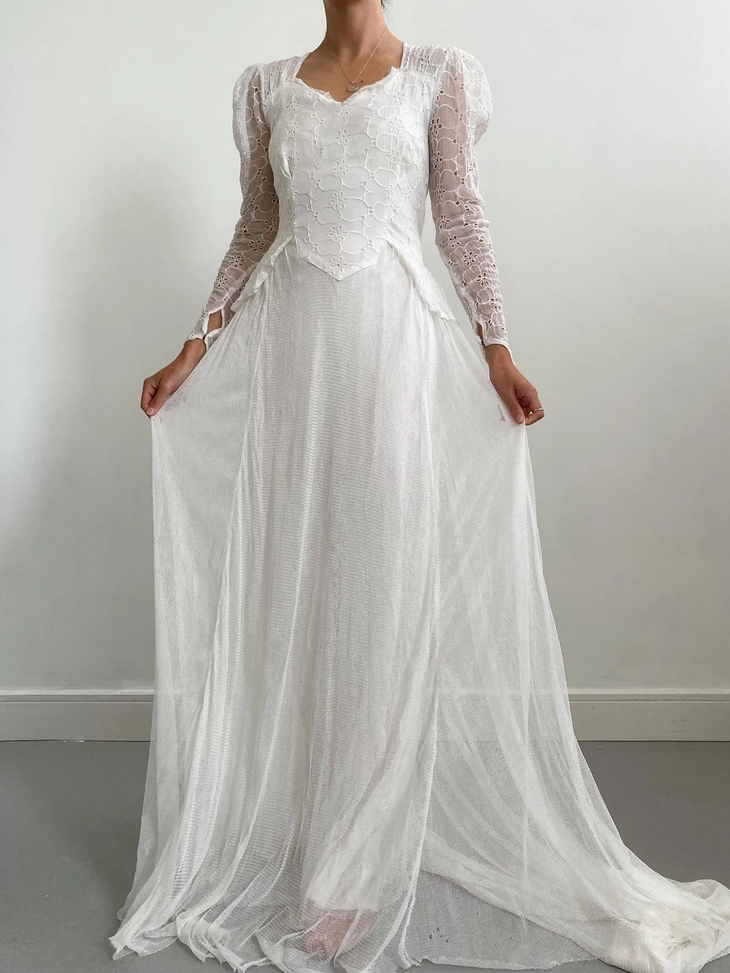 1940s Organdy Broderie and Net Wedding Dress with Train