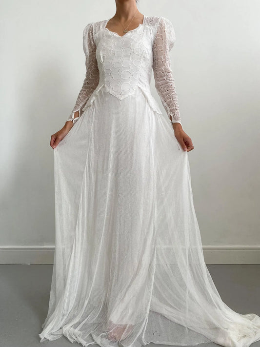 1940s Organdy Broderie and Net Wedding Dress with Train