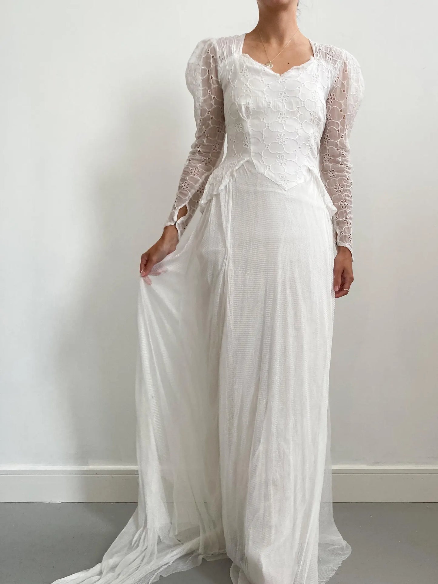 1940s Organdy Broderie and Net Wedding Dress with Train