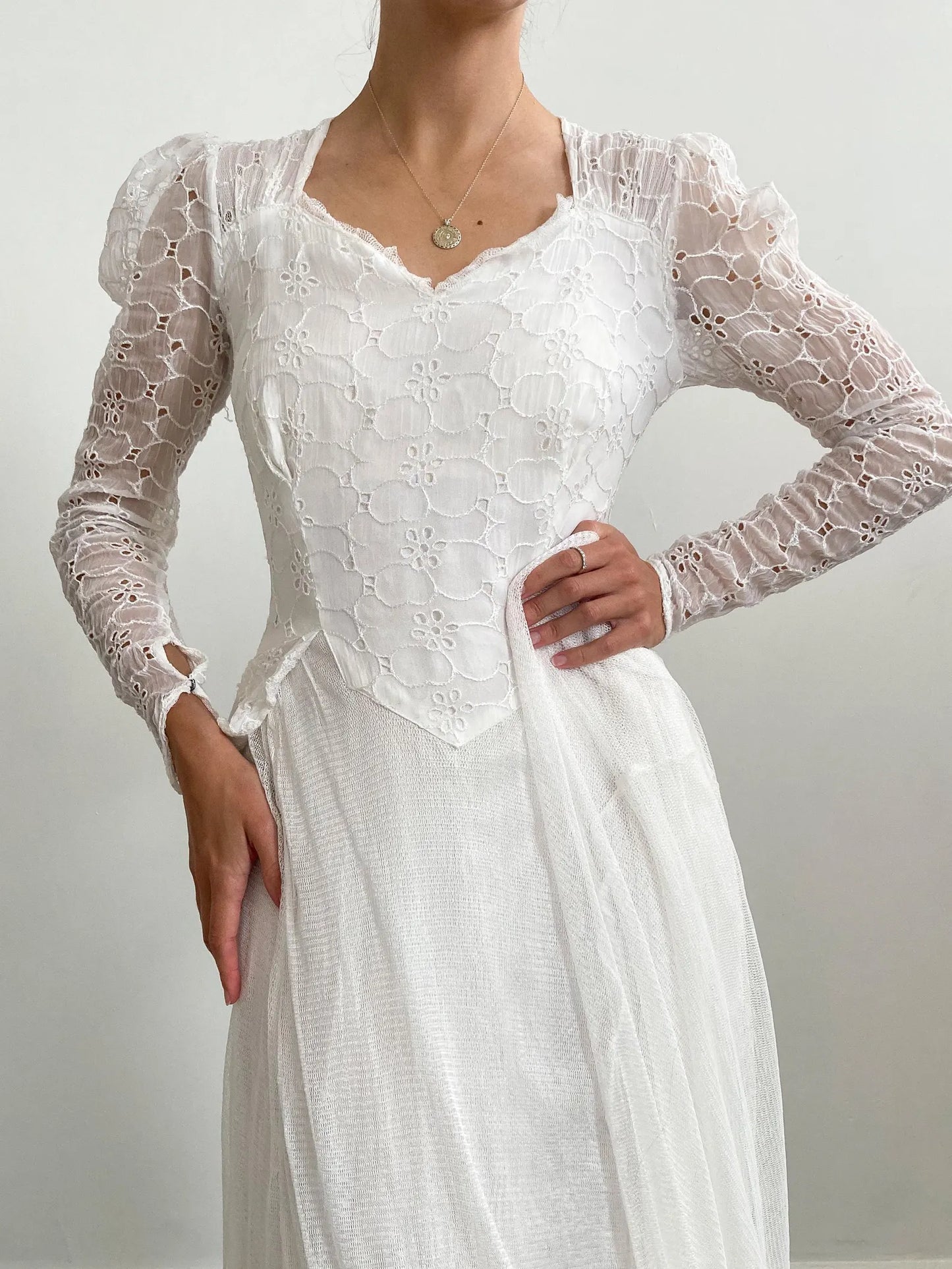1940s Organdy Broderie and Net Wedding Dress with Train