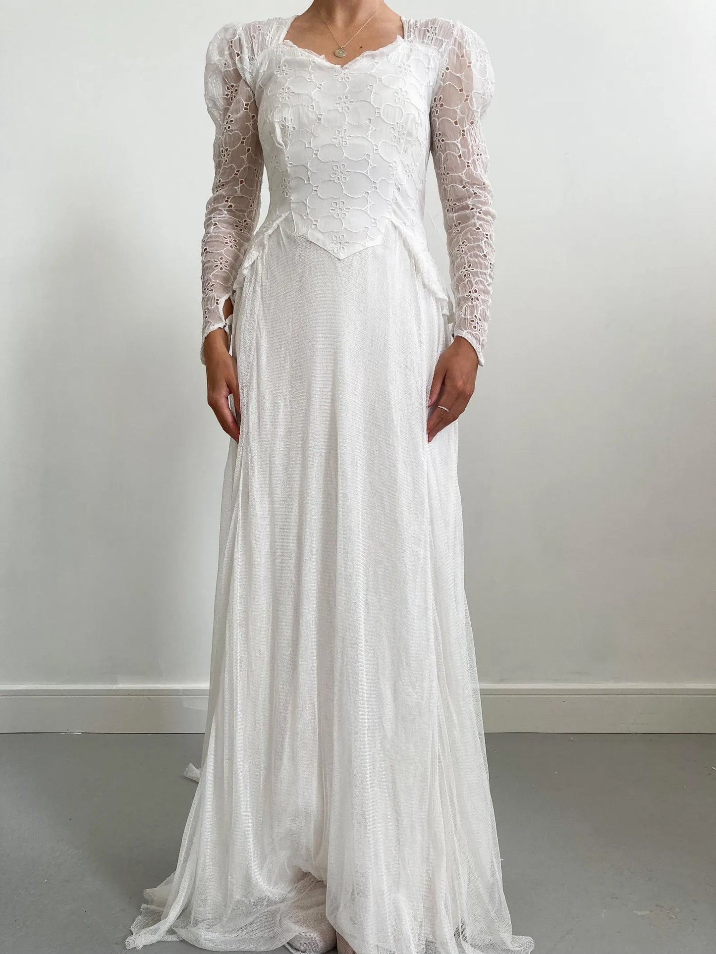 1940s Organdy Broderie and Net Wedding Dress with Train