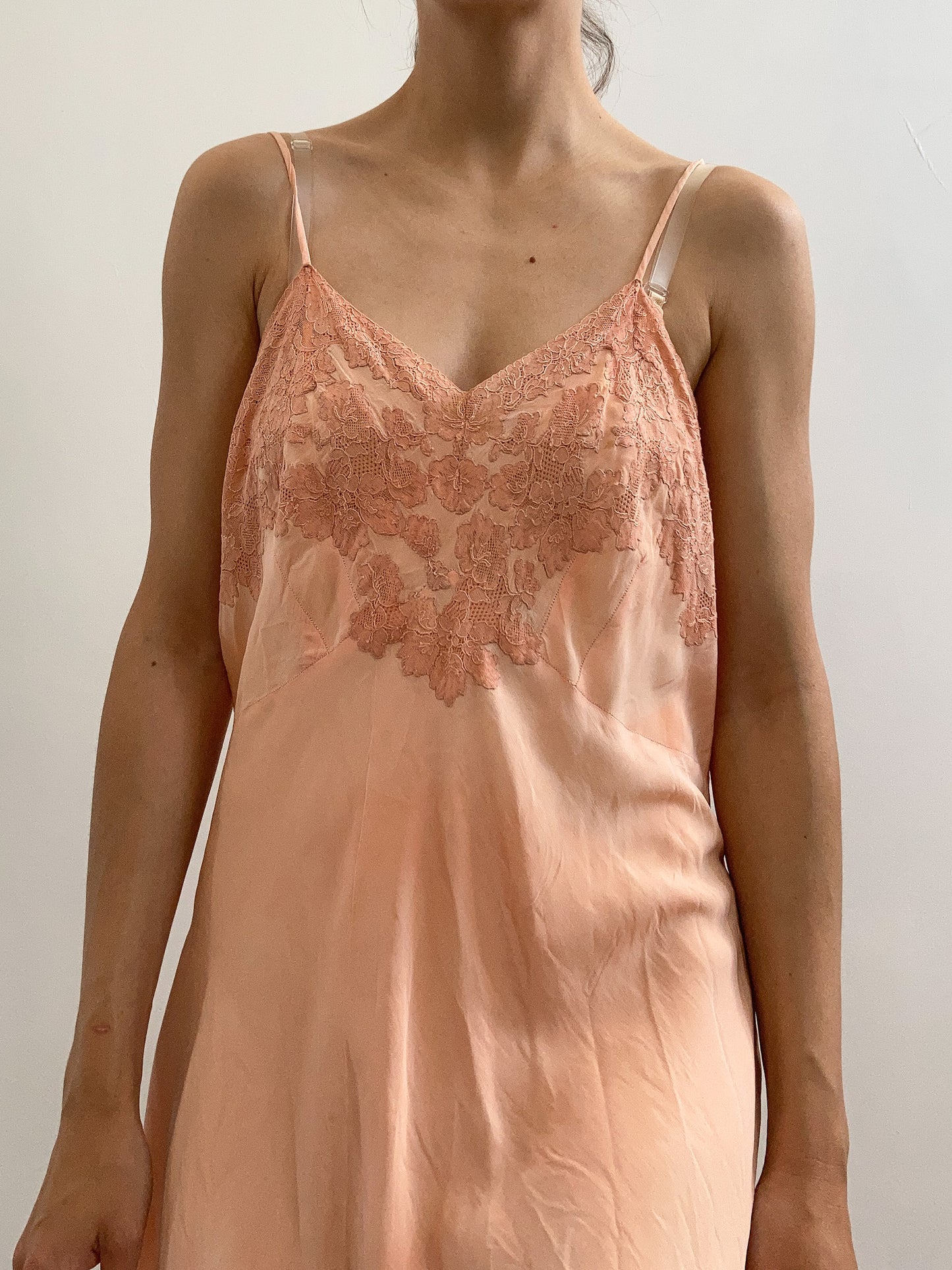 1940s Crepe Floral Embroidered Dyed Slip - Coral