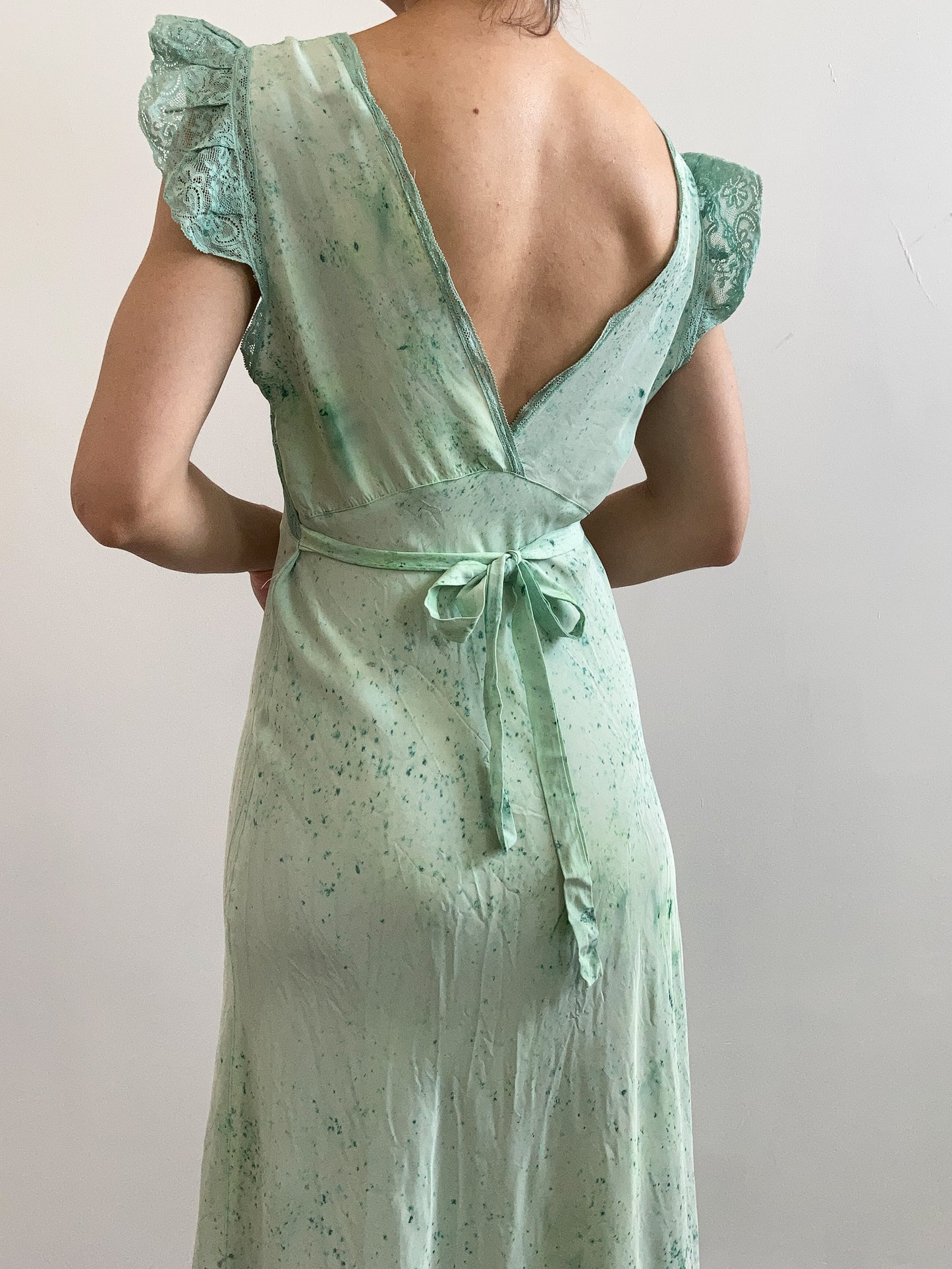 1940s Cap Sleeve & Lace Dyed Slip Gown - Seafoam