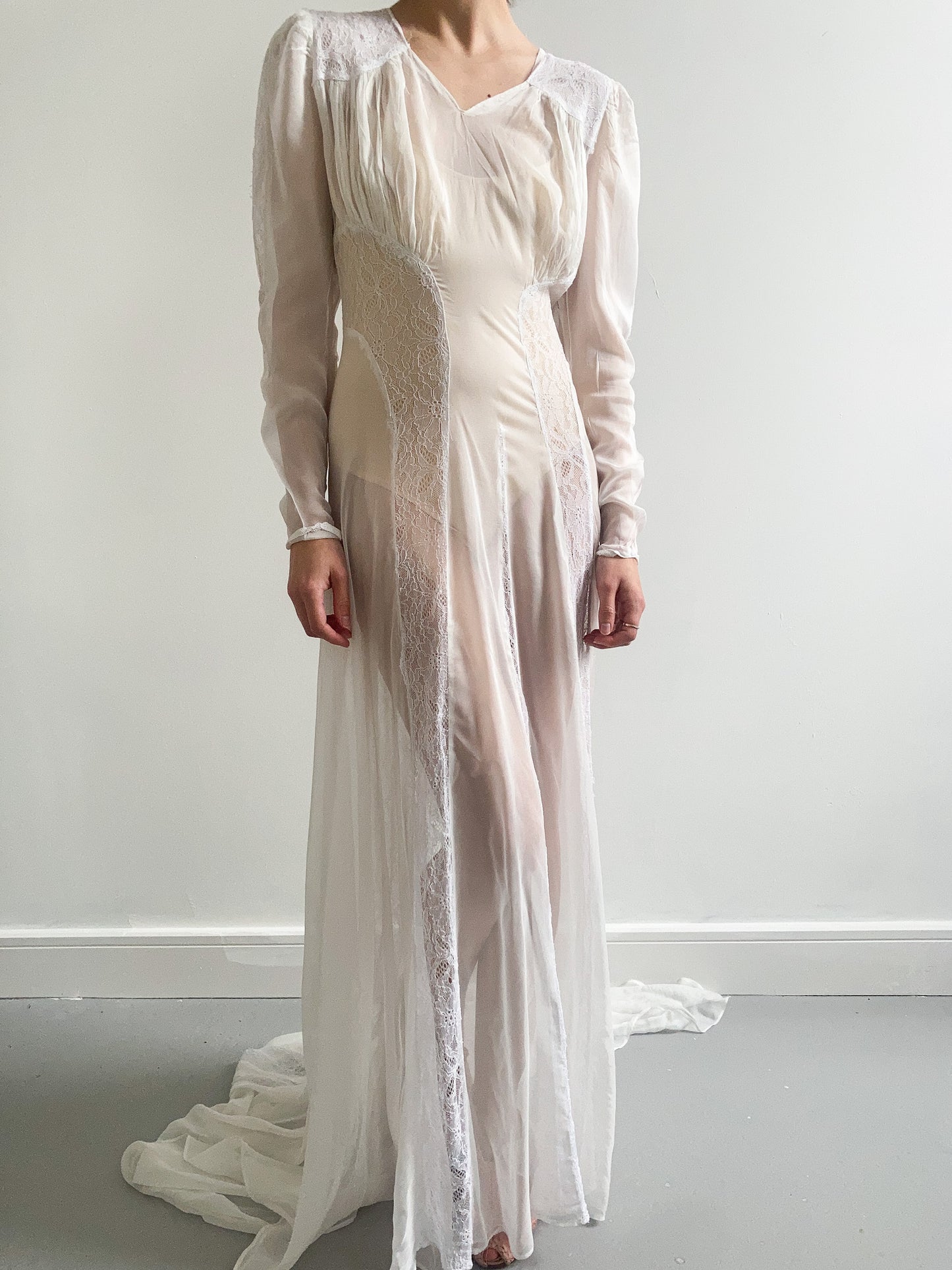 1940s Sheer Lace Wedding Gown with Train