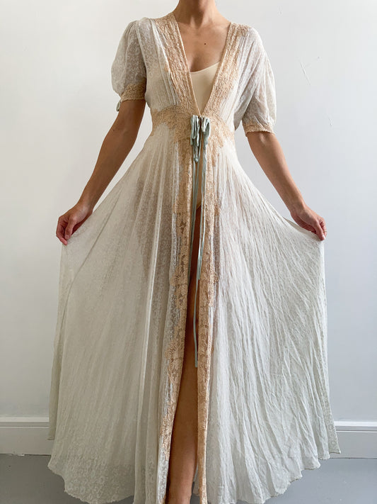 1930s Silk Chiffon Mint & Beige Printed Floral Lace Robe and Knickers Set