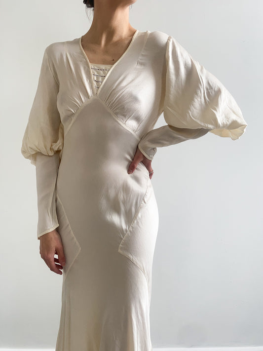 1930s Mutton Sleeve Silk Wedding Gown