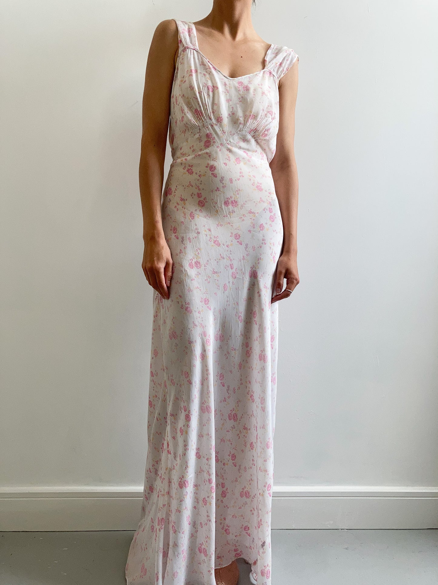1930s Pink Floral Gathered Slip Gown