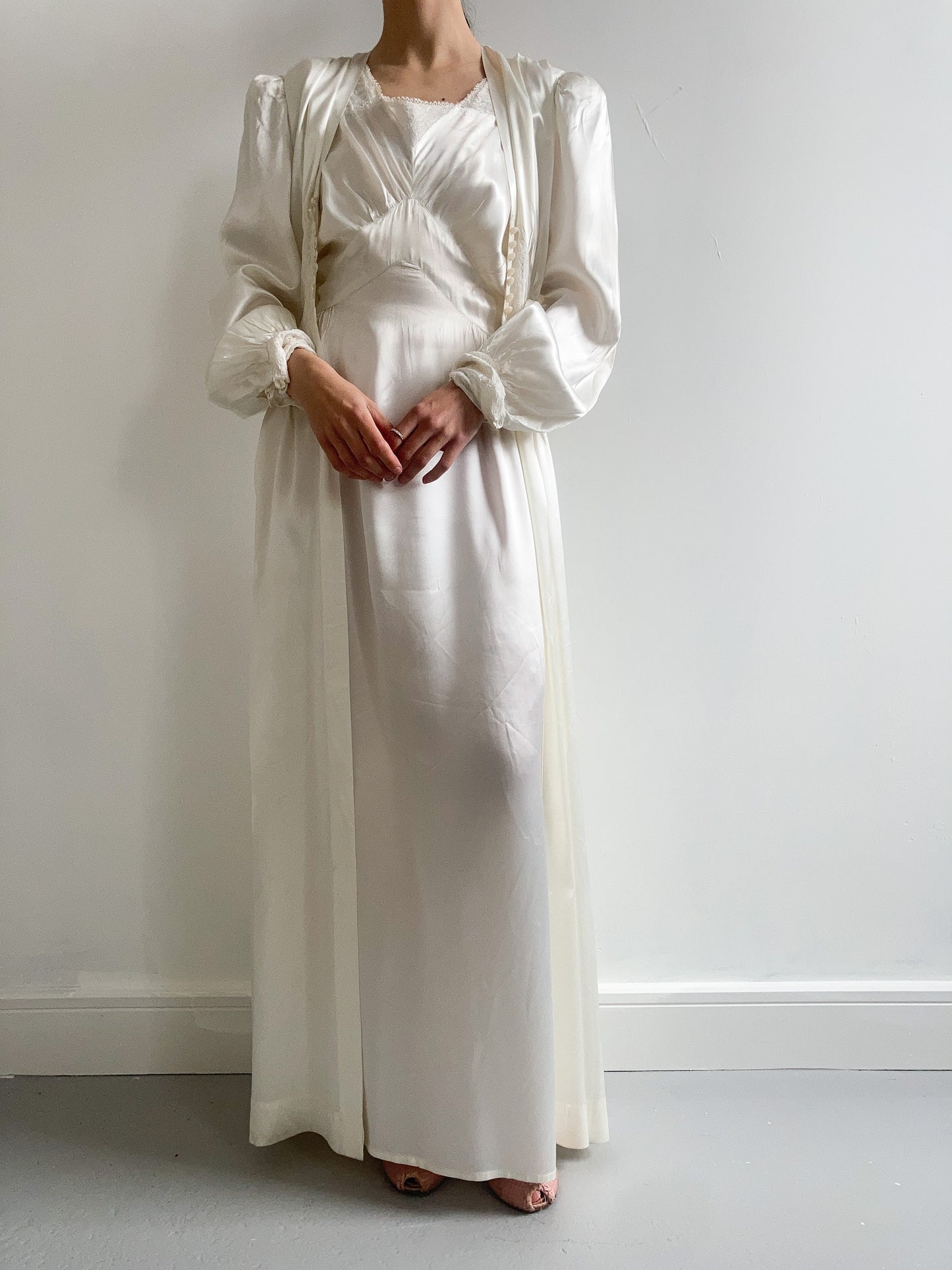 1940s Ivory Satin Bridal Peignoir Set